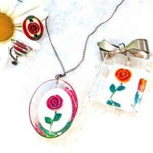 Vintage 1940s / 1950s Reverse Carved Lucite Rose Necklace, Earrings, and Brooch